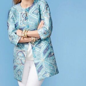 Chico's 1 (8/10) Turquoise Blue Gold Mosaic Jacquard Topper Jacket Coat